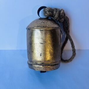 Cow Bell Primitive Rustic Vintage Gold Color Hand Made in India W Rope Farmhouse
